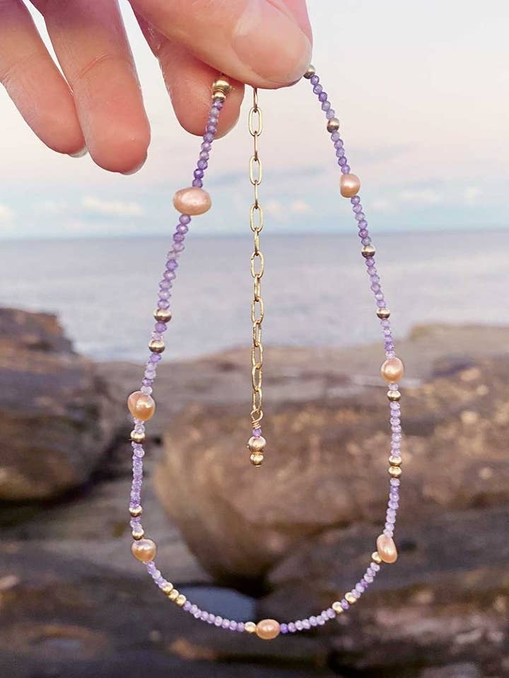 Rhea Pearl & Amethyst Necklace for wholesale by Angela Wozniak Jewellery