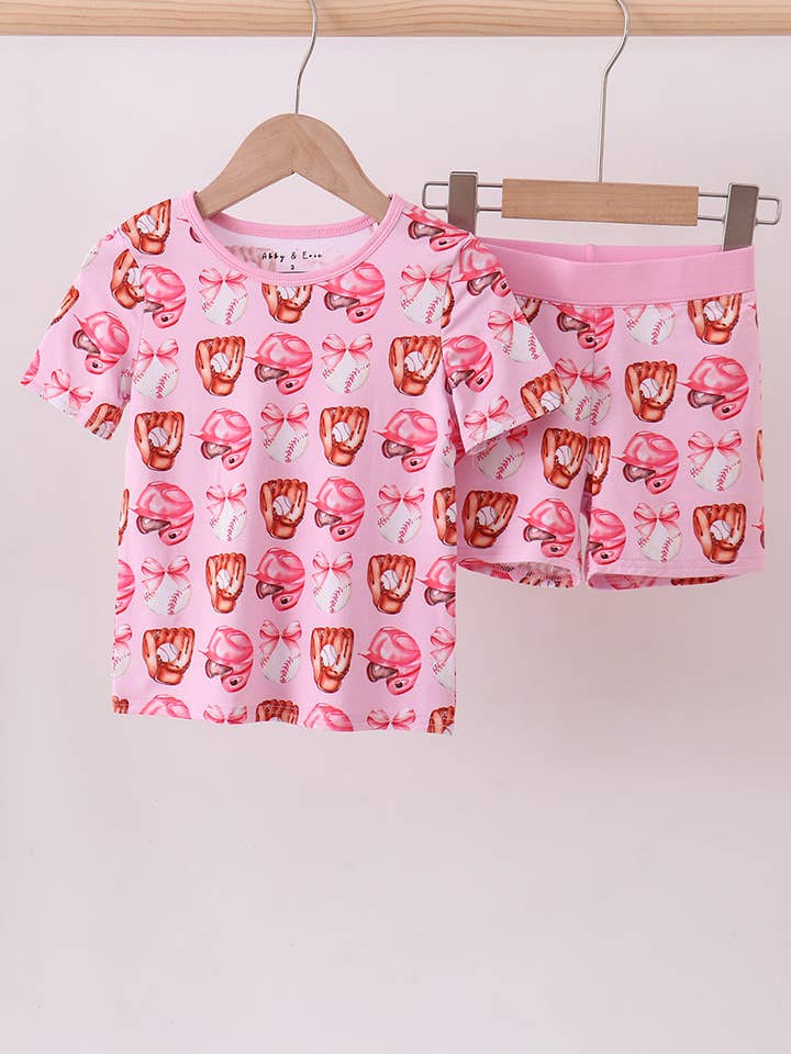 Pink bow baseball bamboo pajama set for wholesale by Aspen Rain Boutique