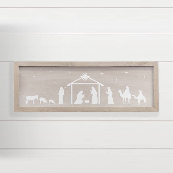 Hangout Home – Großhandel Weihnachtliche Wandkunst – Beiges langes Weihnachtsschild aus Holz mit Krippen-Silhouette