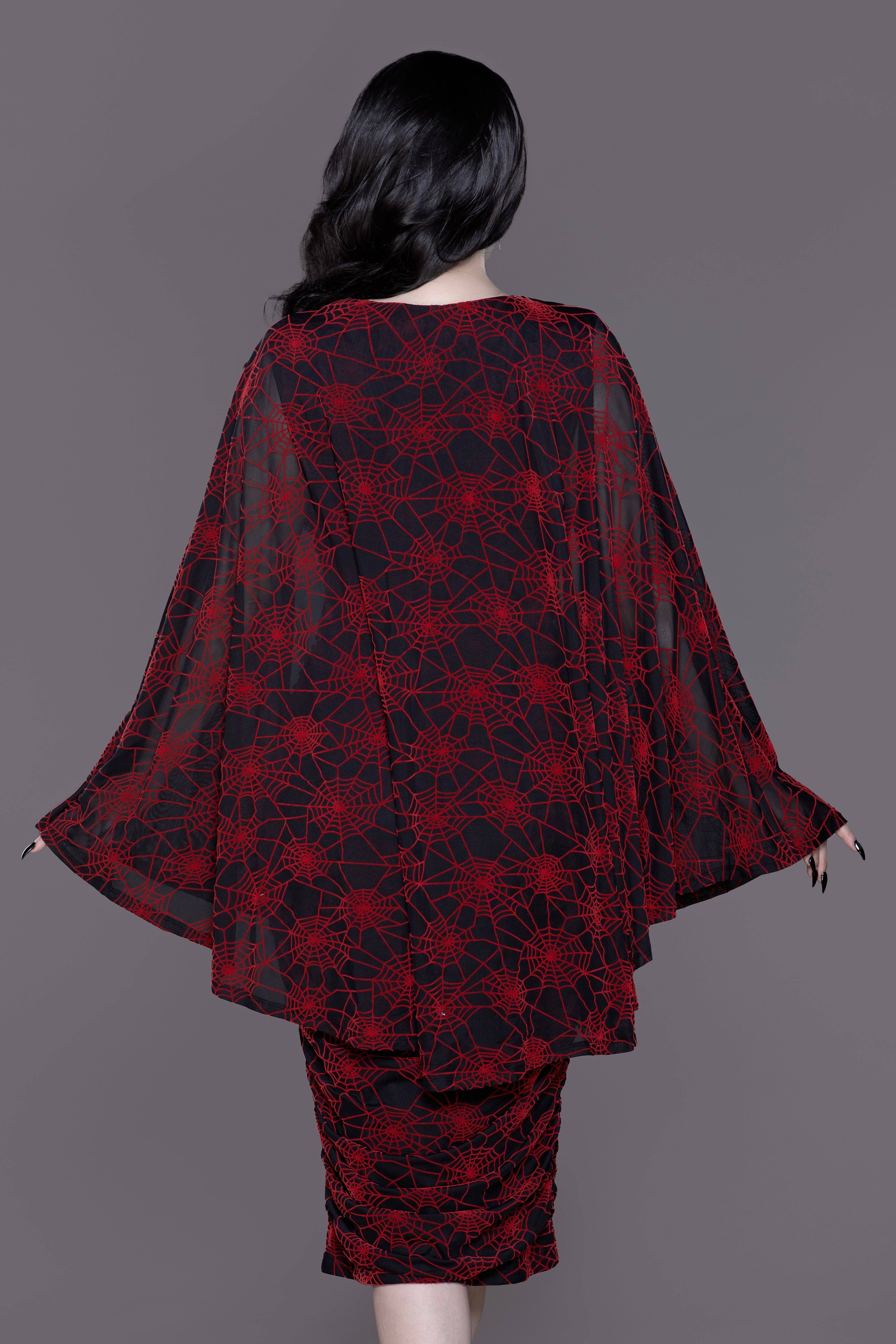 Weasel Wear - Wholesale Dress - Women's - Mothman Caped Wiggle Dress – Red Spiderweb Mesh Wiggle Gown with Flowing Cape (Cryptid Couture Edition)1