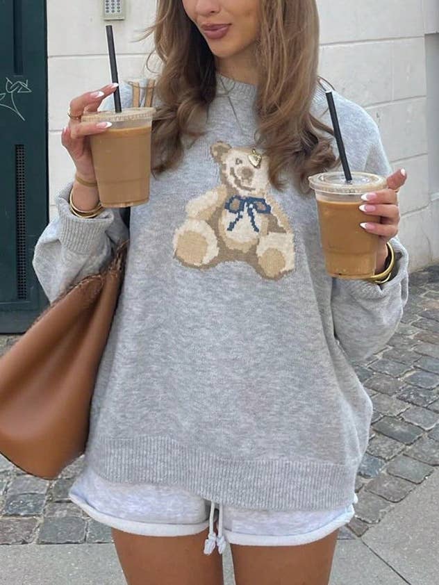 Grey Slouchy Teddy Bear Graphic Cozy Sweater for wholesale on Faire1