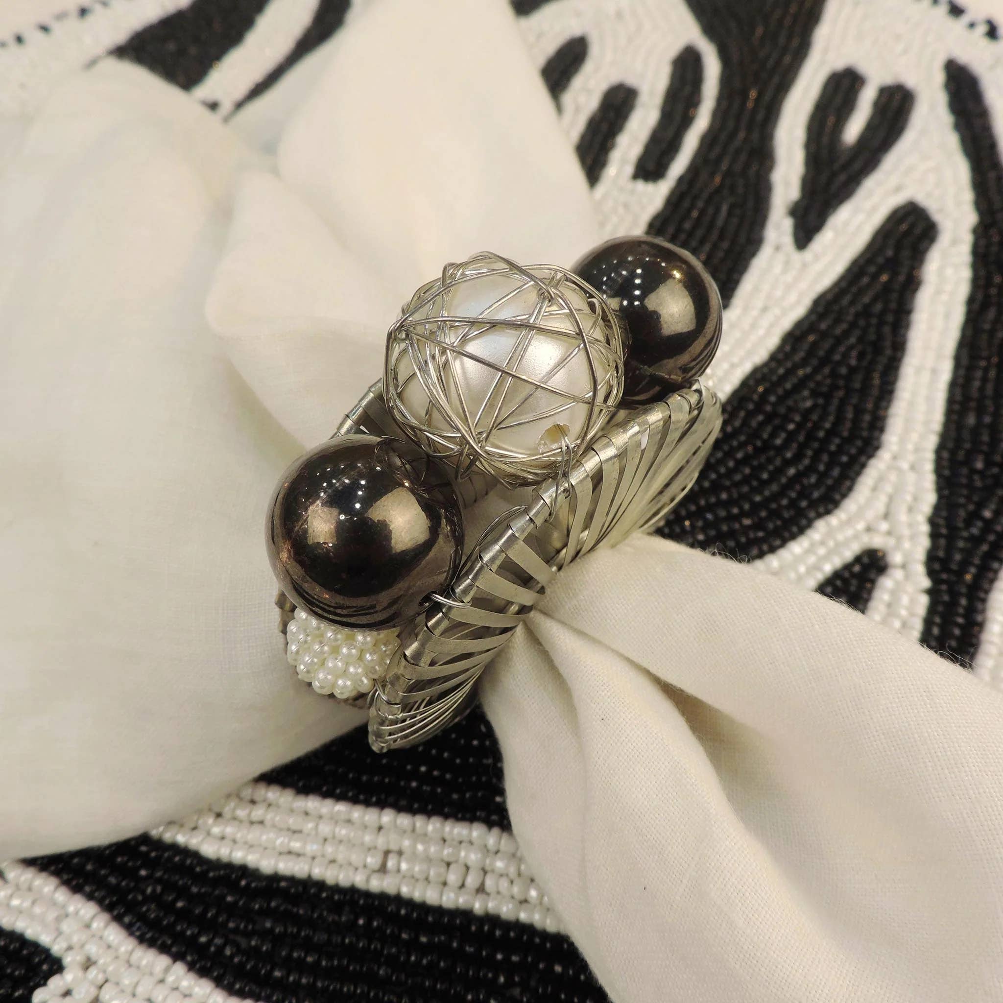 Pearl Bead Napkin Ring in Silver & Cream, Set of 4 for wholesale on Faire