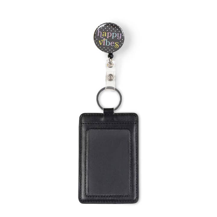 Happy Vibes Button Badge Reel with Pocket for wholesale by Bonitas International