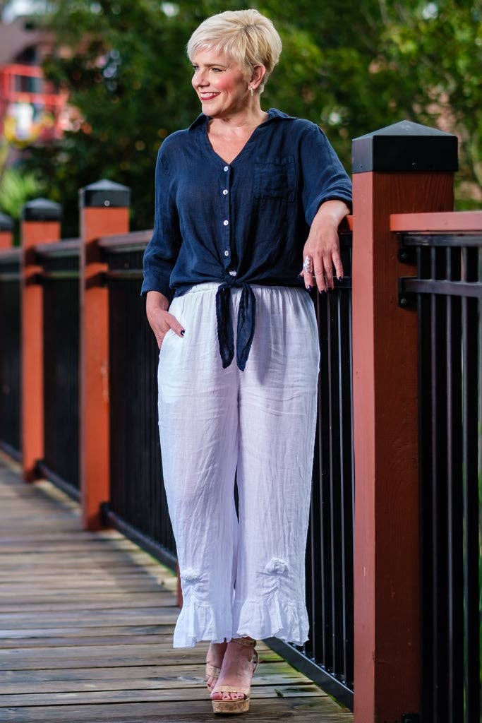 TINA Stephens Italy/Tees By Tina - Venta al por mayor Pantalones - Mujer - Pantalón de lino Desiree Rosette hasta el tobillo (PL158)