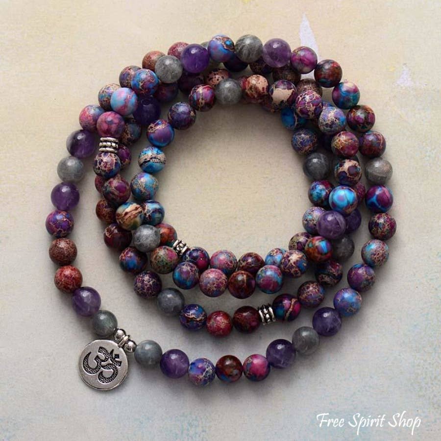 Free Spirit Shop - Vendita all'ingrosso Bracciale con perline - Bracciale Mala con 108 Perle in Diaspro Viola e Labradorite1