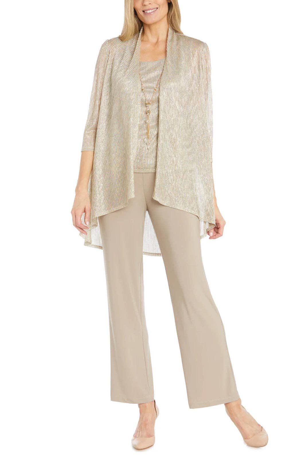 Immediate Apparel - Wholesale Suit Set - Women's - R&M Richards Scoop Neck Sleeveless Top 3/4 Sleeve Jacket Relaxed Straight Trousers Pantsuit with Necklace (Plus Size)1