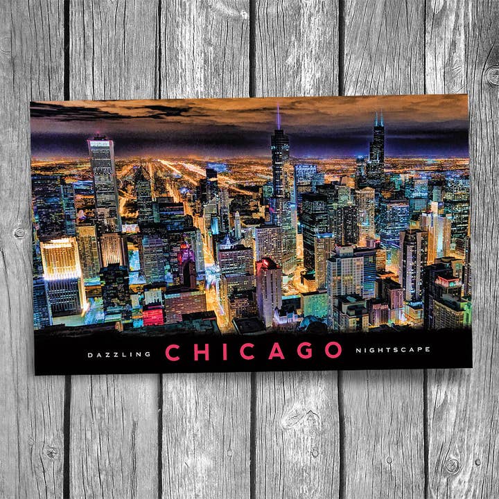 Chicago at Night Postcard for wholesale by Christopher Arndt Postcard Co.