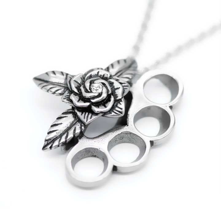 Controse - Wholesale Pendant/Charm Necklace - Controse Beautifully Brutal Brass Knuckles & Rose Necklace