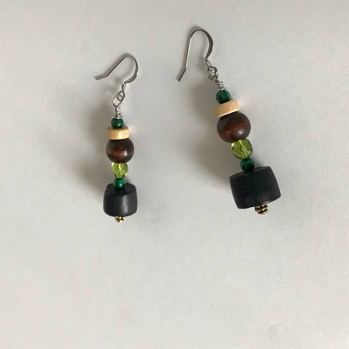 “Fiona” natural wooden bead malachite green earrings for wholesale by Mary Lindseth Art