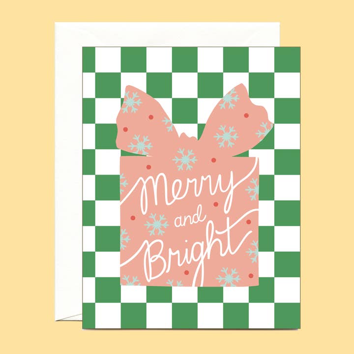Merry & Bright Checkered Retro Christmas Card - Boxed Set of 8 for wholesale by Yeppie Paper