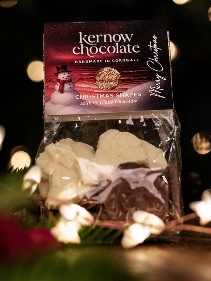 Kernow Chocolate 100g Milk & White Christmas Shapes for wholesale by Kernow Chocolate