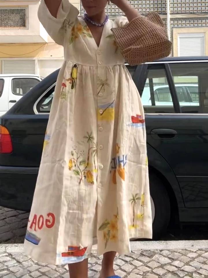 Apricot Fashion Print V-Neck Cute Loose Dress for wholesale on Faire