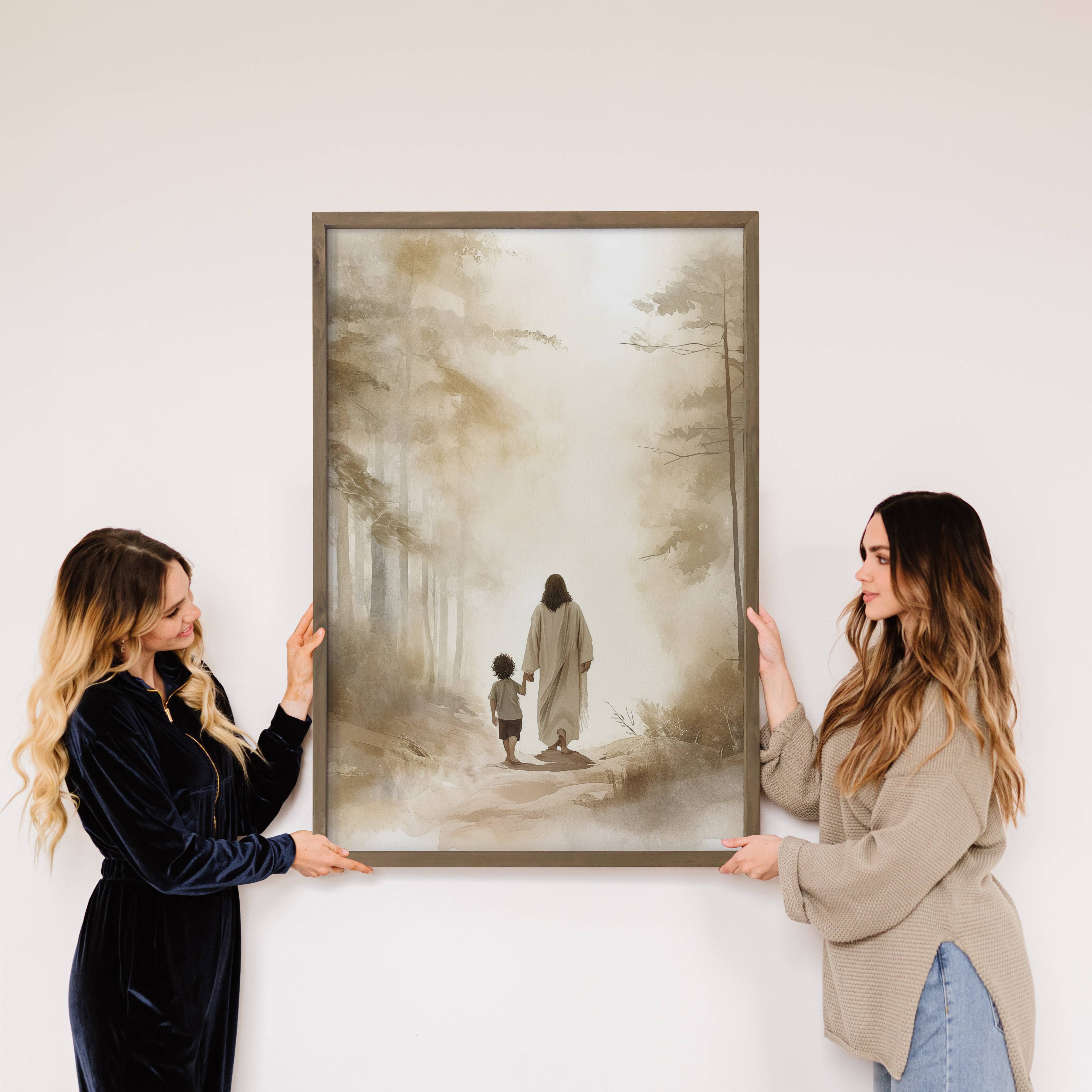 Hangout Home - Vente Affiche d'art - Jésus marchant avec un garçon aux cheveux noirs - Art sur toile de Jésus4