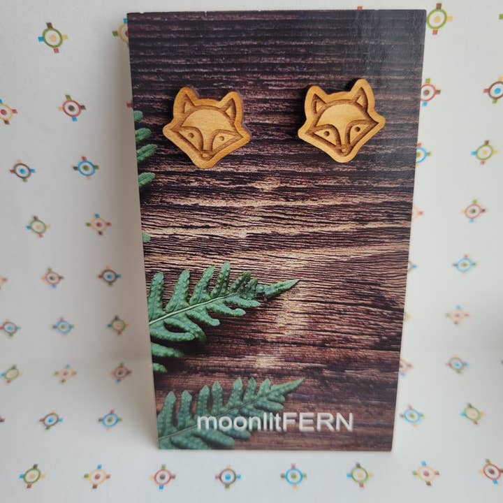 Wood Fox Head Stud Earrings for wholesale by moonlitFERN