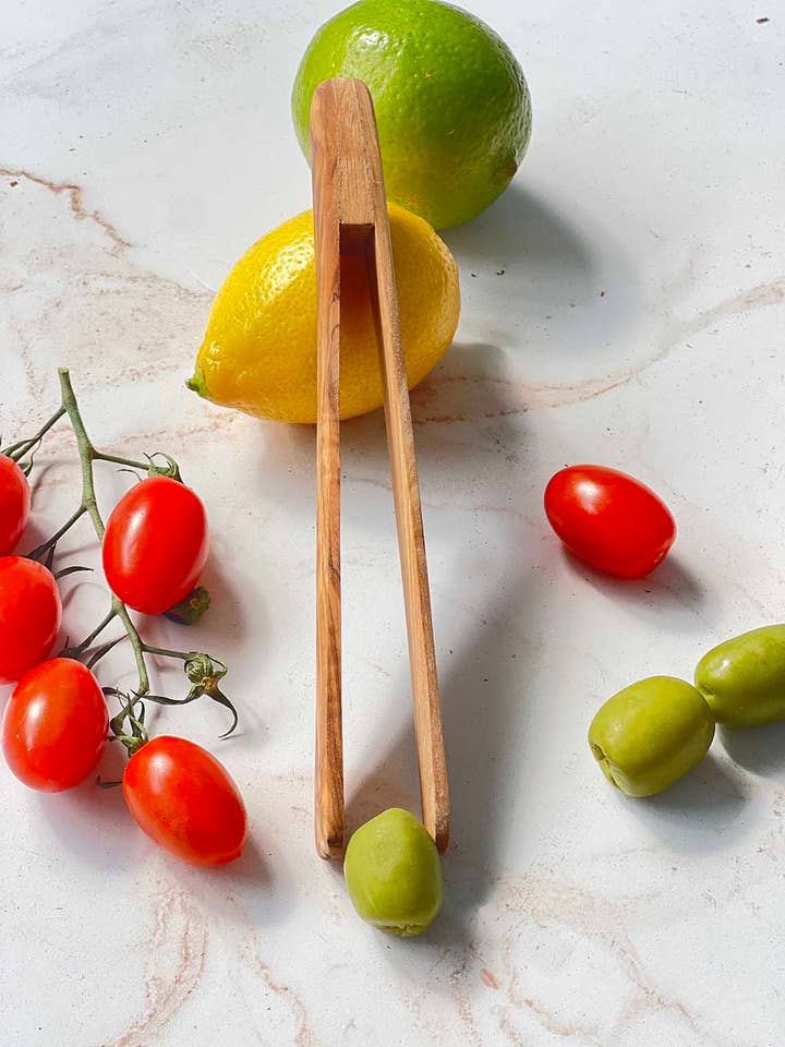 Olive Wood Small Olive Tongs 7" for wholesale by Scents and Feel