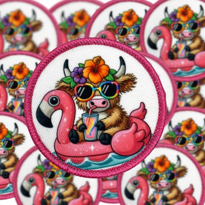 Fit Stitch Gear - Wholesale Patch - Highland Cow Summer Flamingo Floatie Patch