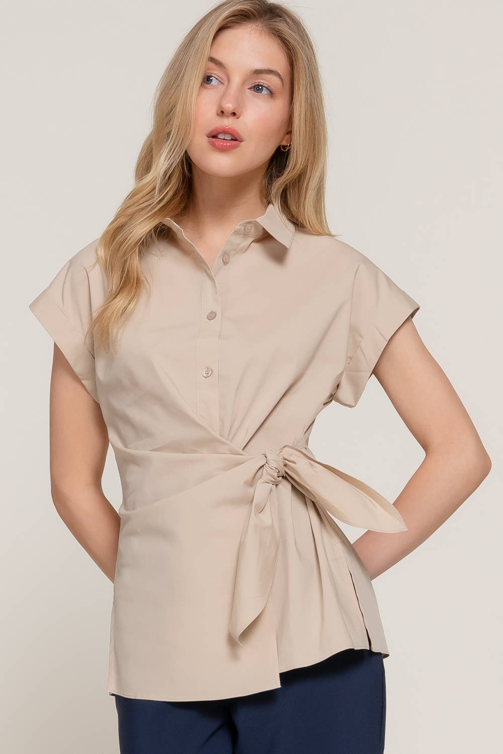 Active Basic | Active USA - Wholesale Button Down Shirt - Women's - Short Dolman Sleeve Button Down Side Knot Poplin Shirt5