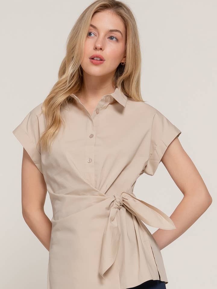 Active Basic | Active USA - Wholesale Button Down Shirt - Women's - Short Dolman Sleeve Button Down Side Knot Poplin Shirt5