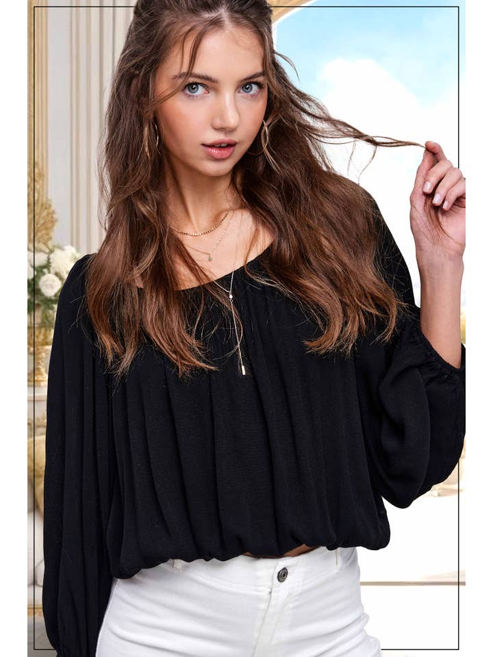 La Miel - Wholesale Blouse - Women's - HAT7501-Breathable Fabric Off Shoulder Balloon Sleeve Top