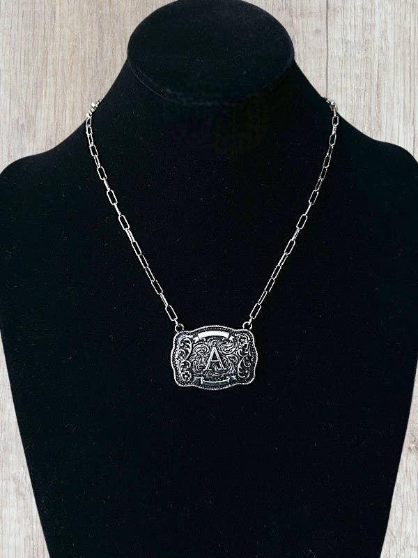 WESTERN THEME METAL BUCKLE INITIAL PENDANT NECKLACE for wholesale by LA Bijoux