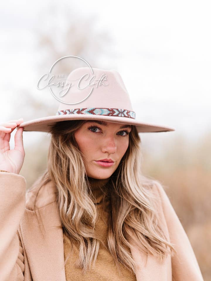 Wide Brim Hat - Cappuccino w/Aqua Aztec RTS for wholesale by The Classy Cloth WS