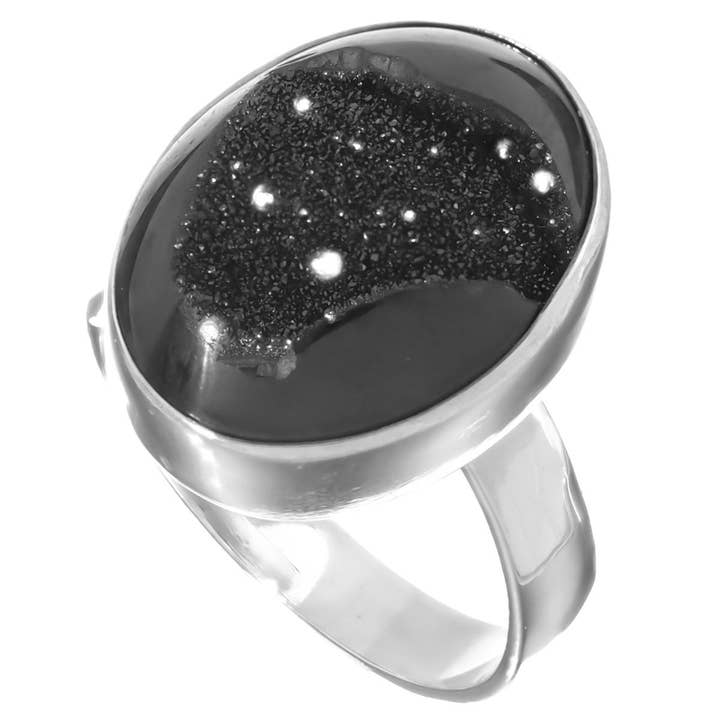 Bague ajustable en argent sterling 925 avec druse de titane noire ovale, taille 8, 3/4" pour la vente par FifiRose