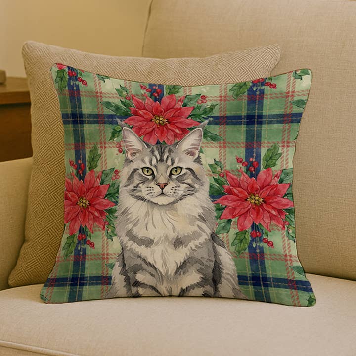 Almofada Gato MaineCoon Silver Tabby com Poinsétias 18x18 FN por atacado de Caroline's Treasures
