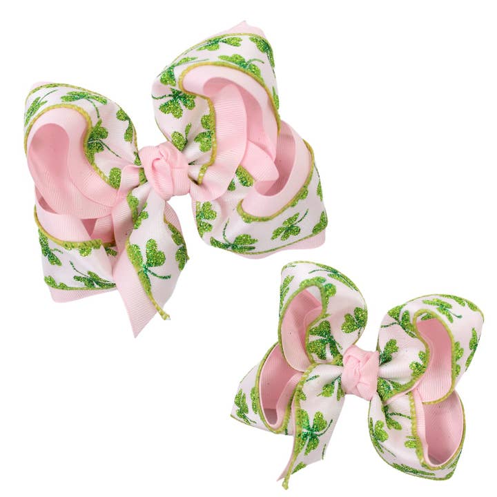 ST. PATRICK'S LIGHT PINK/GLITTER CLOVER HAIR BOW ON CLIP for wholesale by Beyond Creations, LLC
