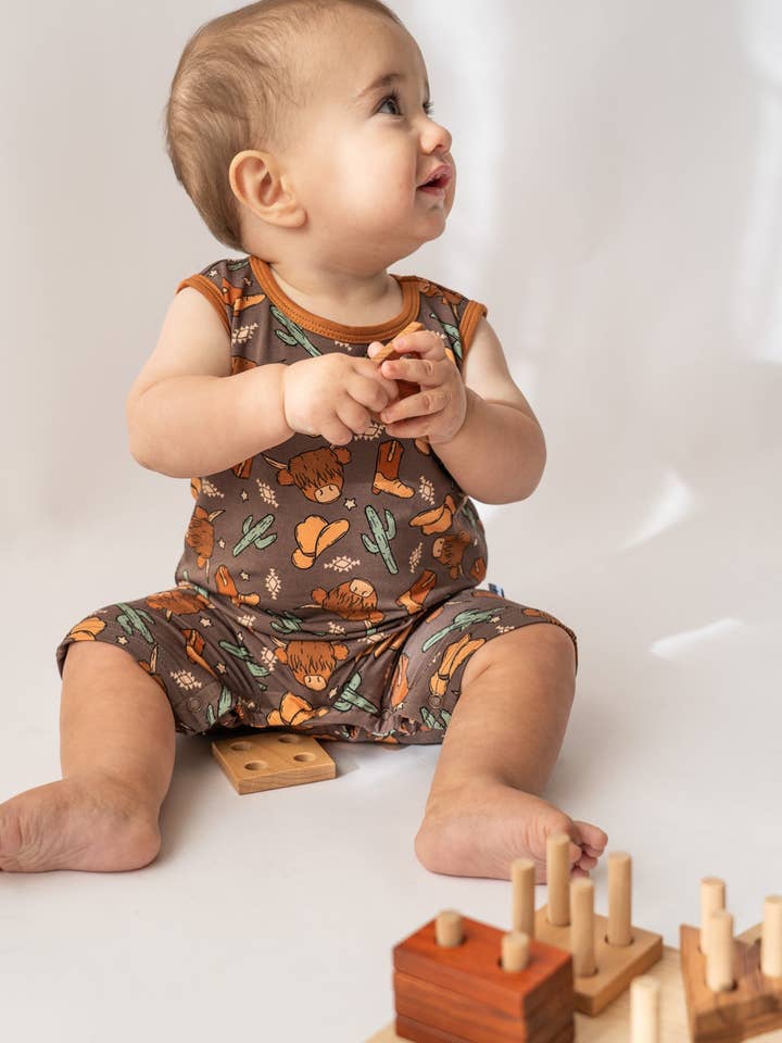 Highland Cow Shorty Tank Romper for wholesale by House of Henry