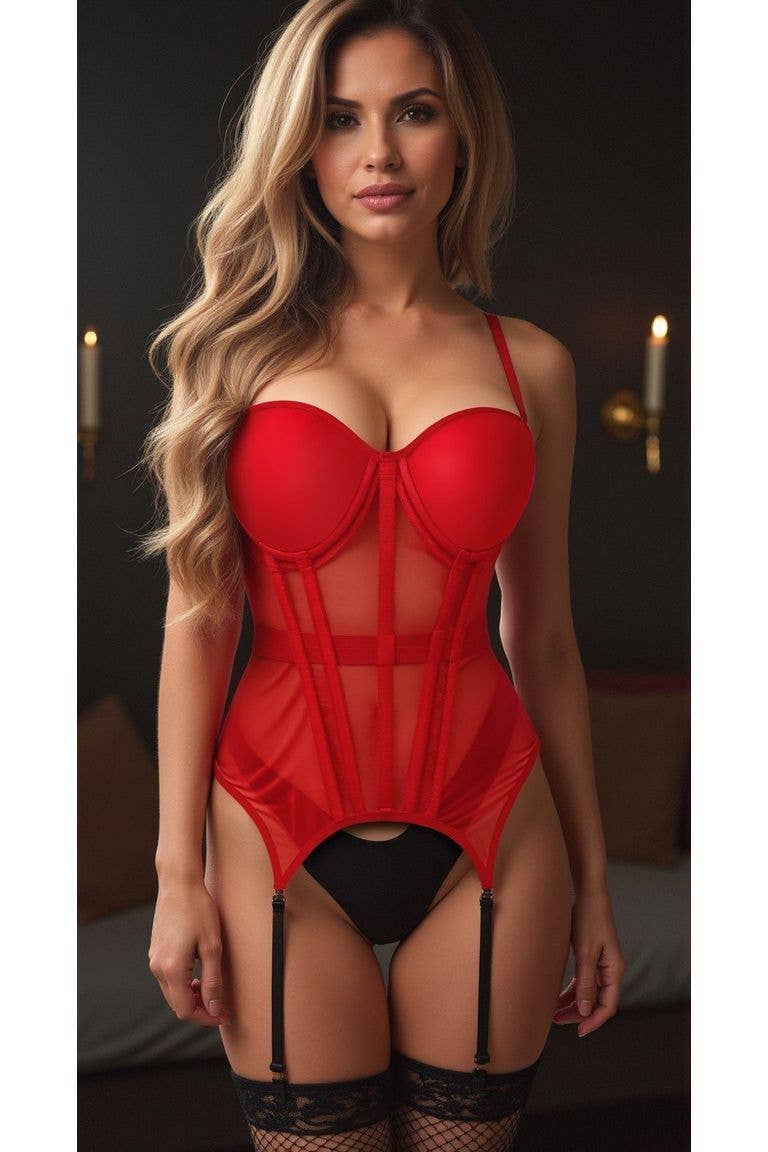 Daisy Corsets – wholesale Bustier – Women's – Lavish Red Mesh Underwire Bustier Corset w/Garters2