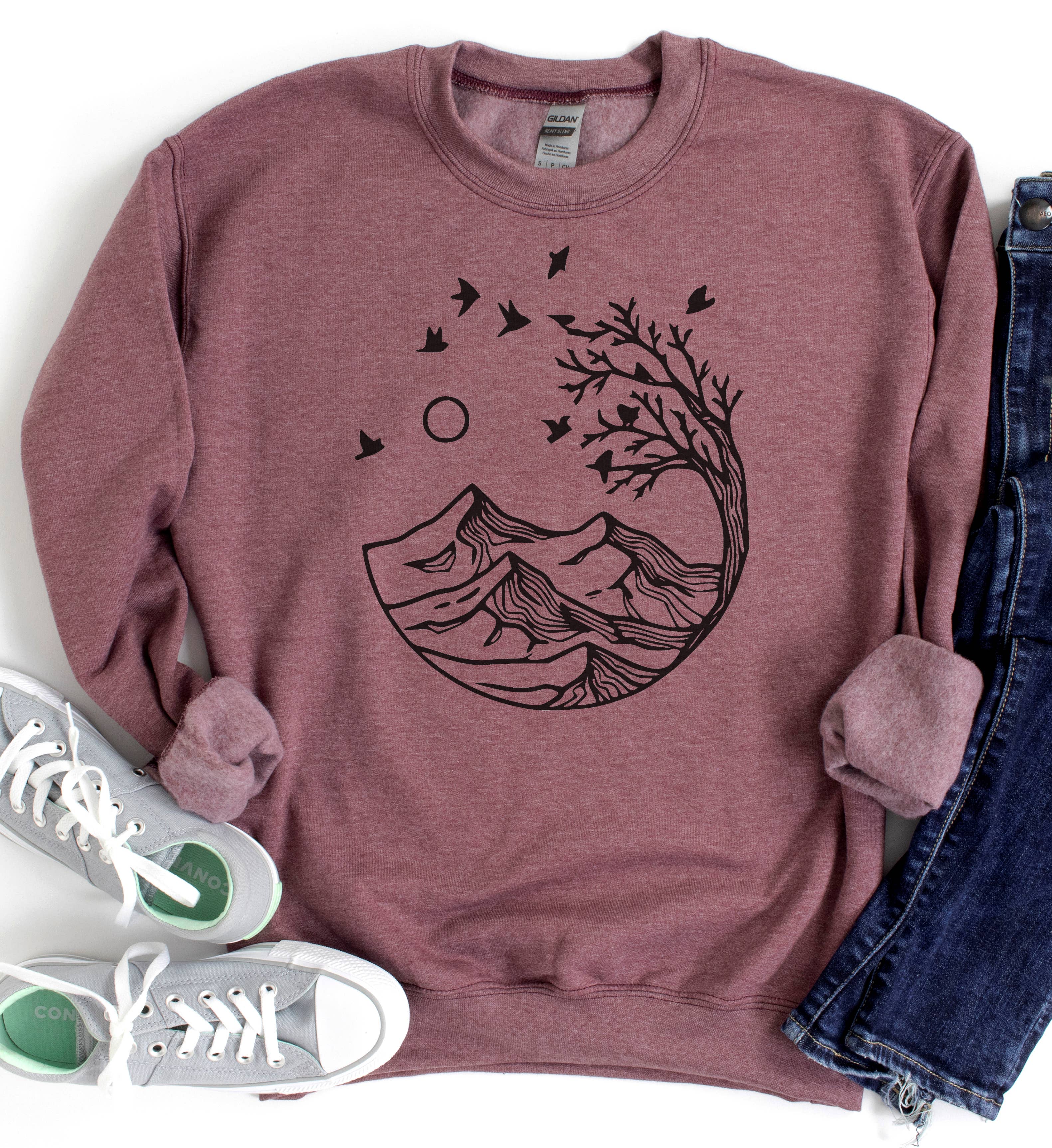 Gerdees - Wholesale Screen Printed T-Shirt - Women's - Blowing Mountain Circle, Outdoor mountains, Camping Crewneck7