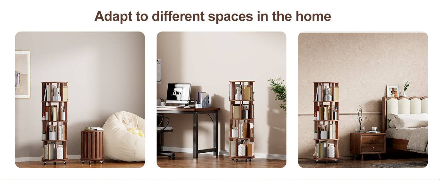 39F Inc. - Wholesale Bookcase - Walnut 4-Tier 100% Solid Wood Rotating Bookshelf with Wheel20