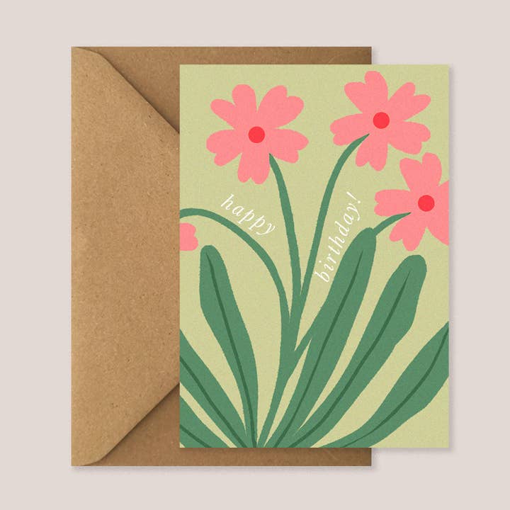 Carte d'anniversaire verte aux pétales roses pour la vente par Kiran Ravilious