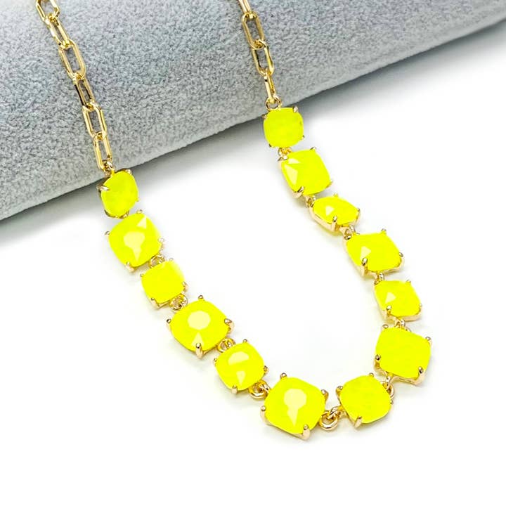 StarryNYC - Wholesale Link & Chain Necklace - Neon Cushion Cut Glass Linked Chain Necklace0