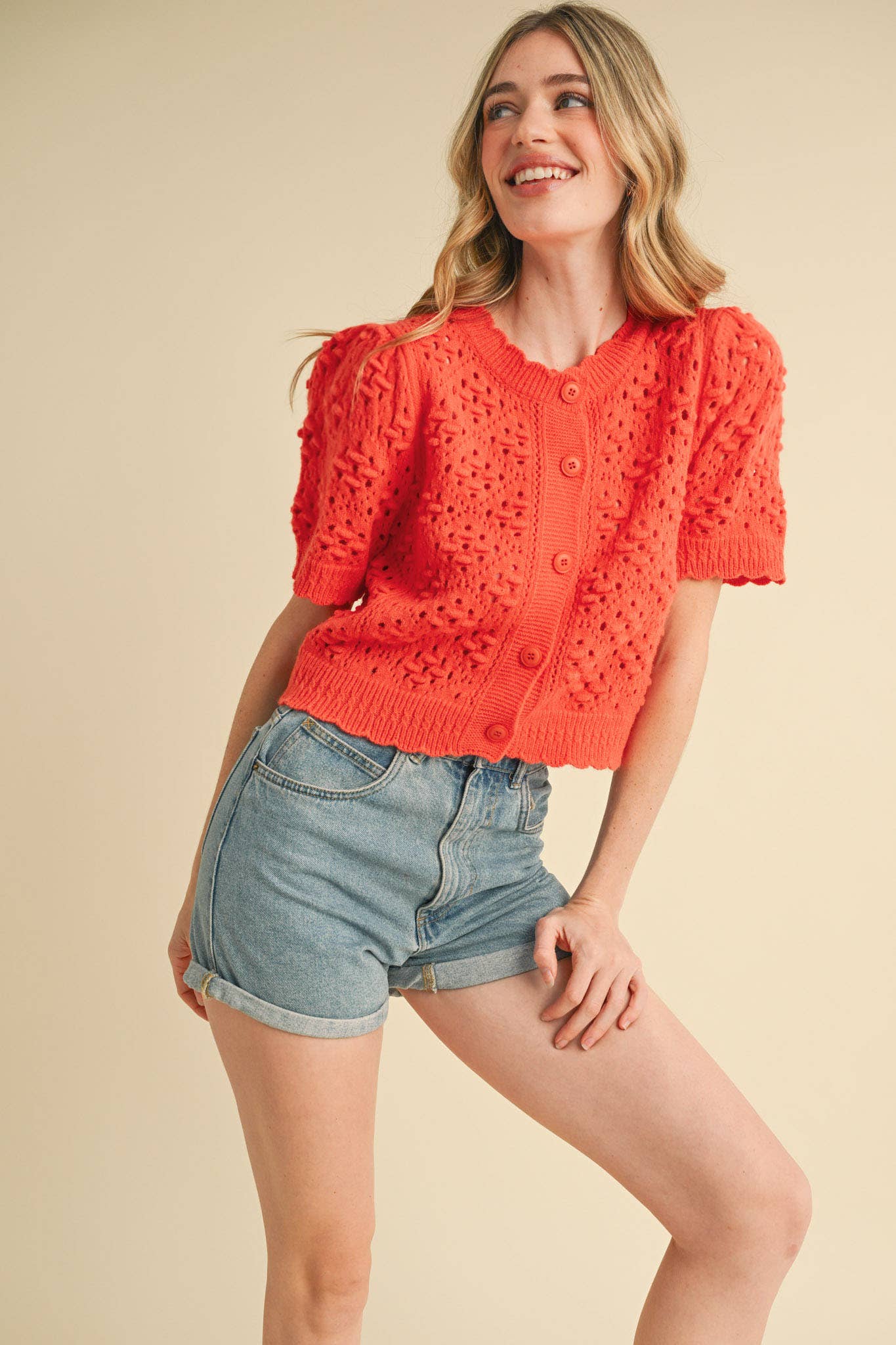 &MERCI - Wholesale Cardigan - Women's - CROPPED POINTELLE BUTTON DOWN SWEATER CARDIGAN MSW1085724