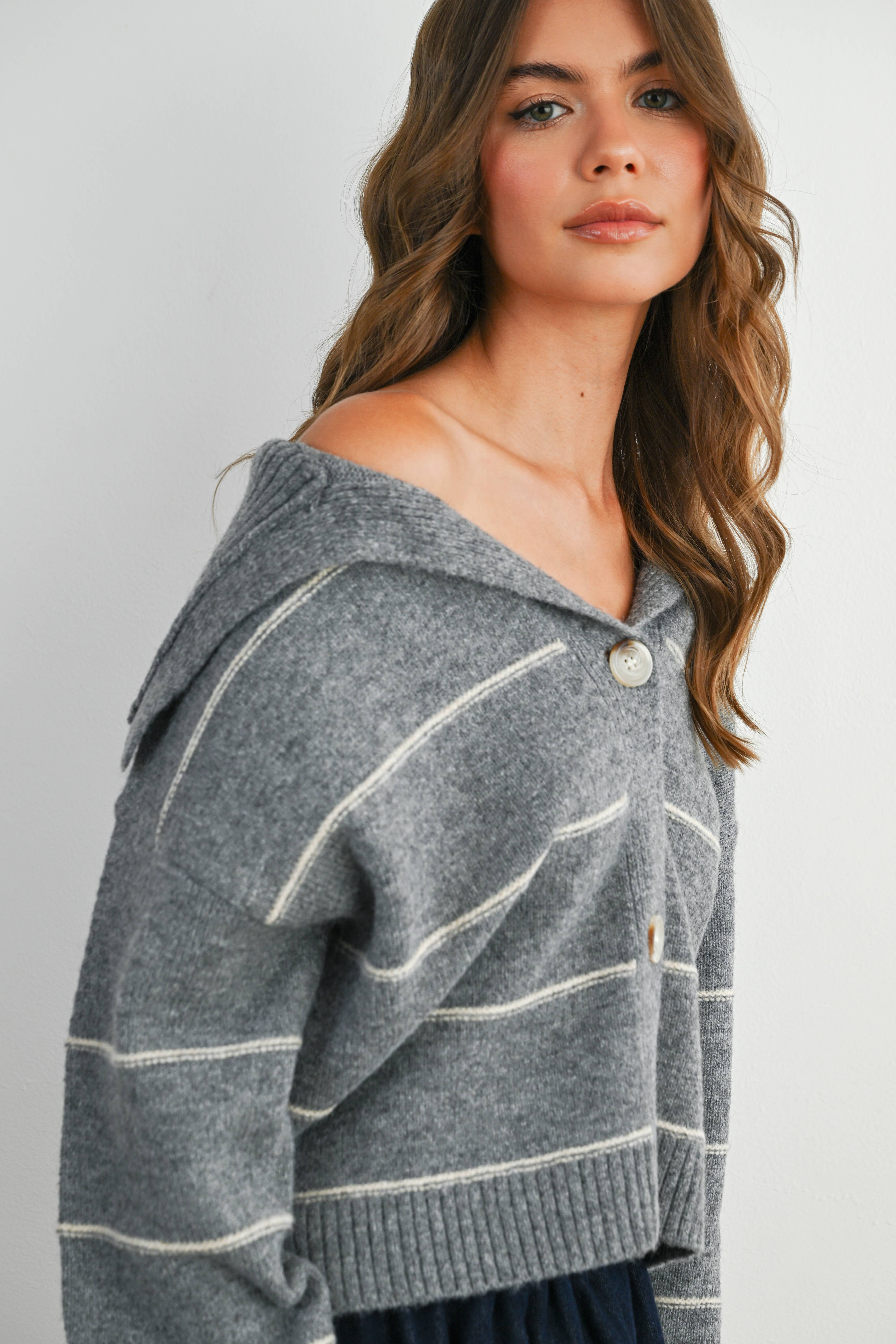 BUTTERMELON - Wholesale Knit Sweater - Women's - Button-Up Striped Collared Long Sleeve Top - BMC788325