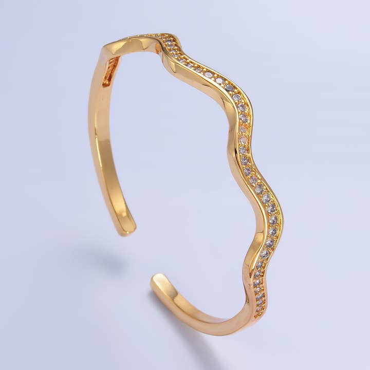 24K Gold Filled CZ Paved Wavy Cuff Bracelet | WA-2720 for wholesale by Aim Eternal