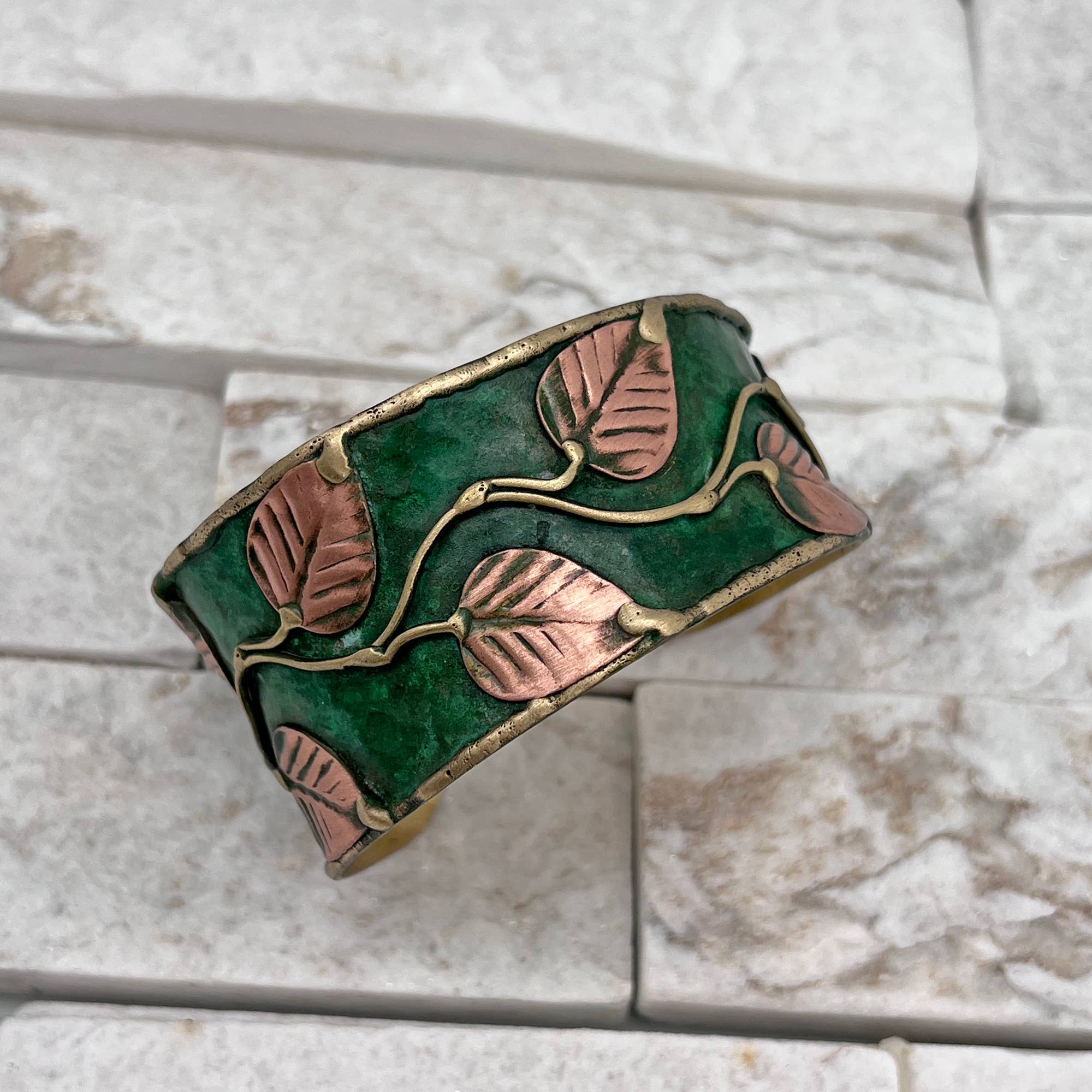 Anju Jewelry - Wholesale Cuff Bracelet - Brass Patina Cuff Bracelet - Green Leaves & Vines2
