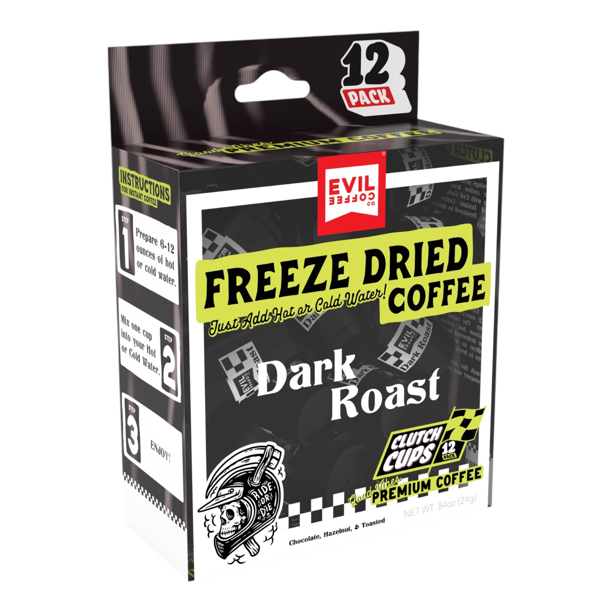 Smithco Distributing - Wholesale Instant Coffee/Espresso - Evil Coffee Clutch Cups - Freeze Dried Coffee (12 Pack)/ PDQ2