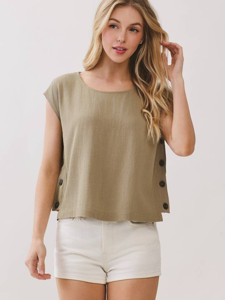 ROUND NECK SIDE BUTTON DETAIL CROP TOP - VJT300070 for wholesale by Final Touch