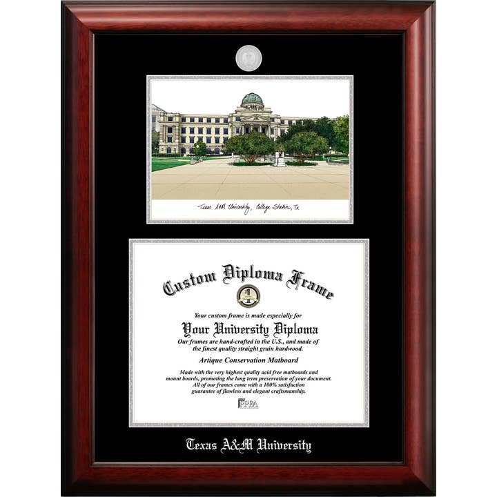 Texas A&M University Cornice e litografia per diploma in argento goffrato per la vendita all'ingrosso da parte di Campus Images