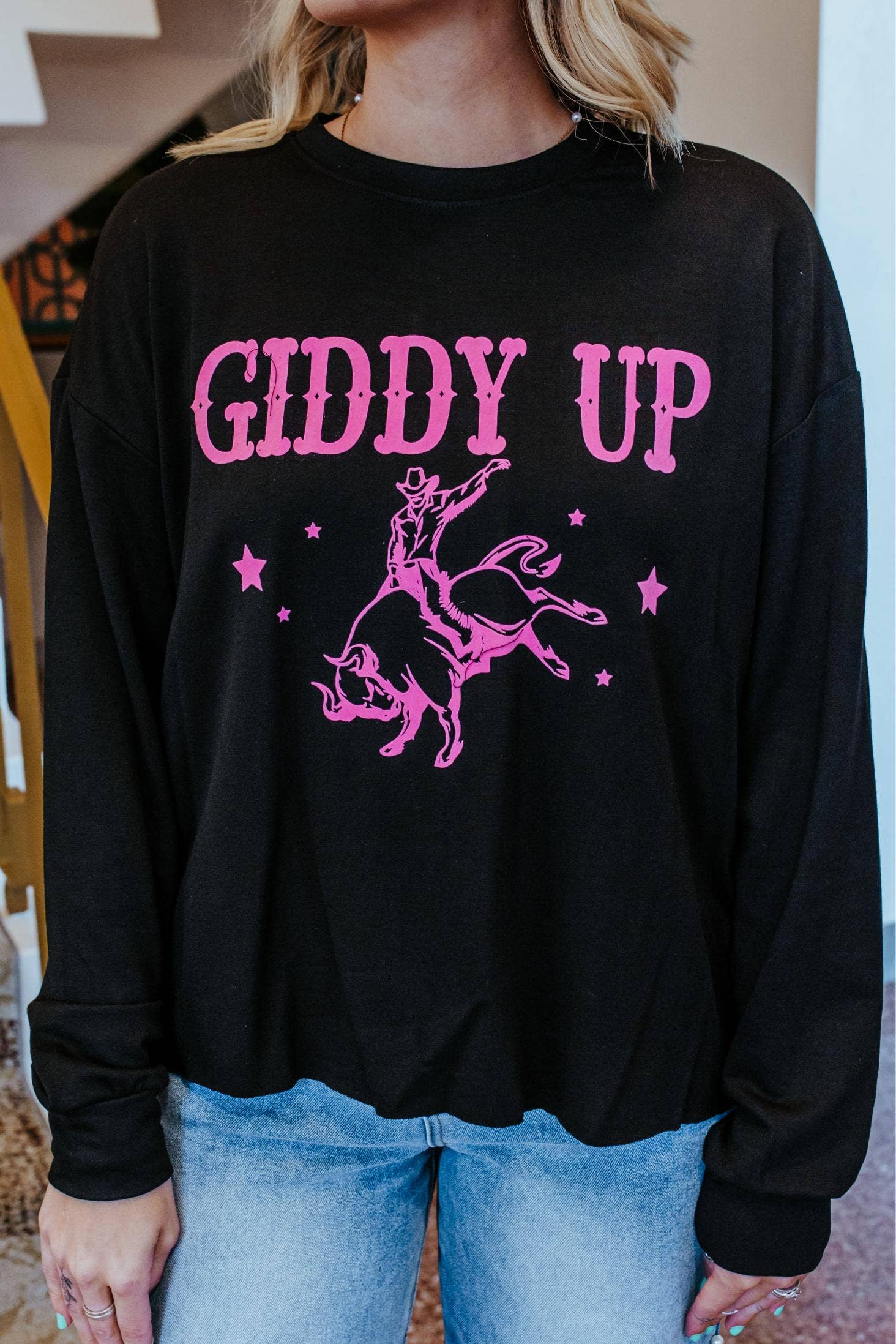 Black MK308  Giddy Up Flocking Cropped Light Weight Sweatshirt for wholesale on Faire1