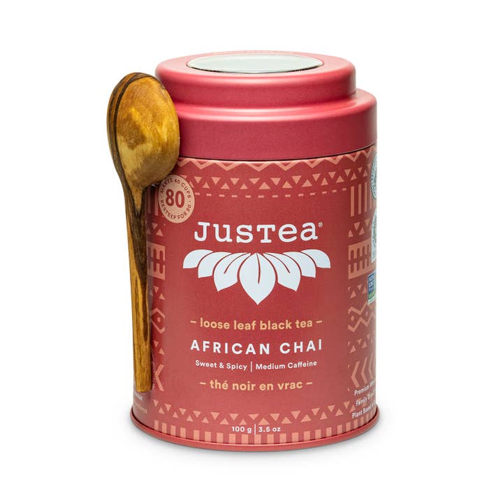 African Chai Tin & Spoon - Organic, Fair-Trade, Black Tea for wholesale by JusTea (No Import Fees to USA)