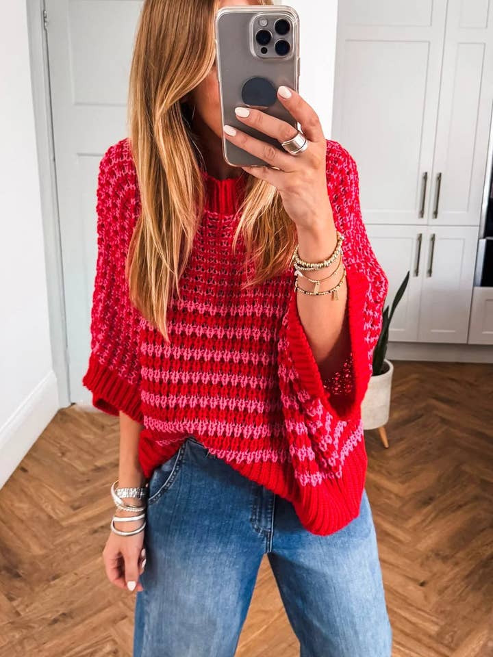 Suhkasana - Wholesale Knit Sweater - Women's - Red Striped Slouchy Knit Sweater with 3/4 Draped Sleeves4