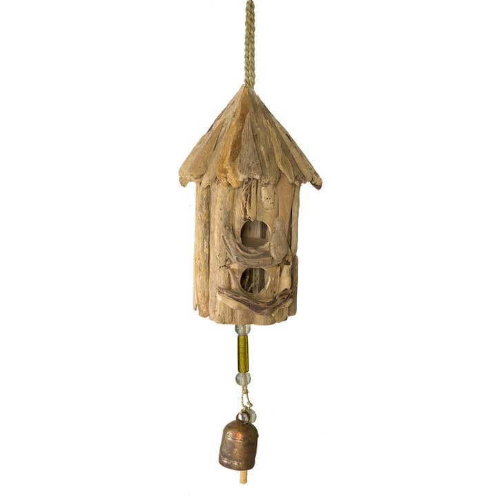 Double Decker Wood Bird House/Bead & Bell for wholesale by Moksha Imports