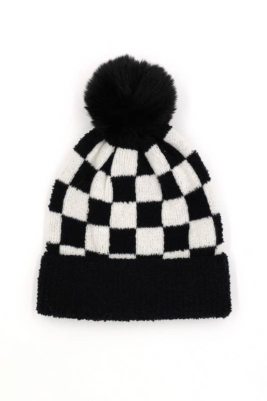 anbfashion - Wholesale Beanie - Women's - Check Blocked Pompom Beanie MH01382
