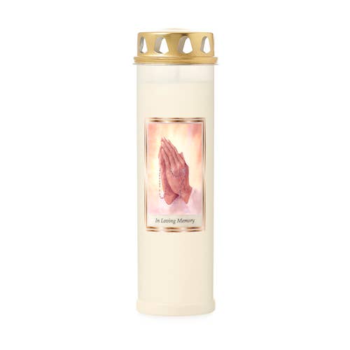 7 Day Devotional Candles in Fire Retardant Plastic with Picture and Prayer (in Loving Memory) for wholesale by Pasithea London