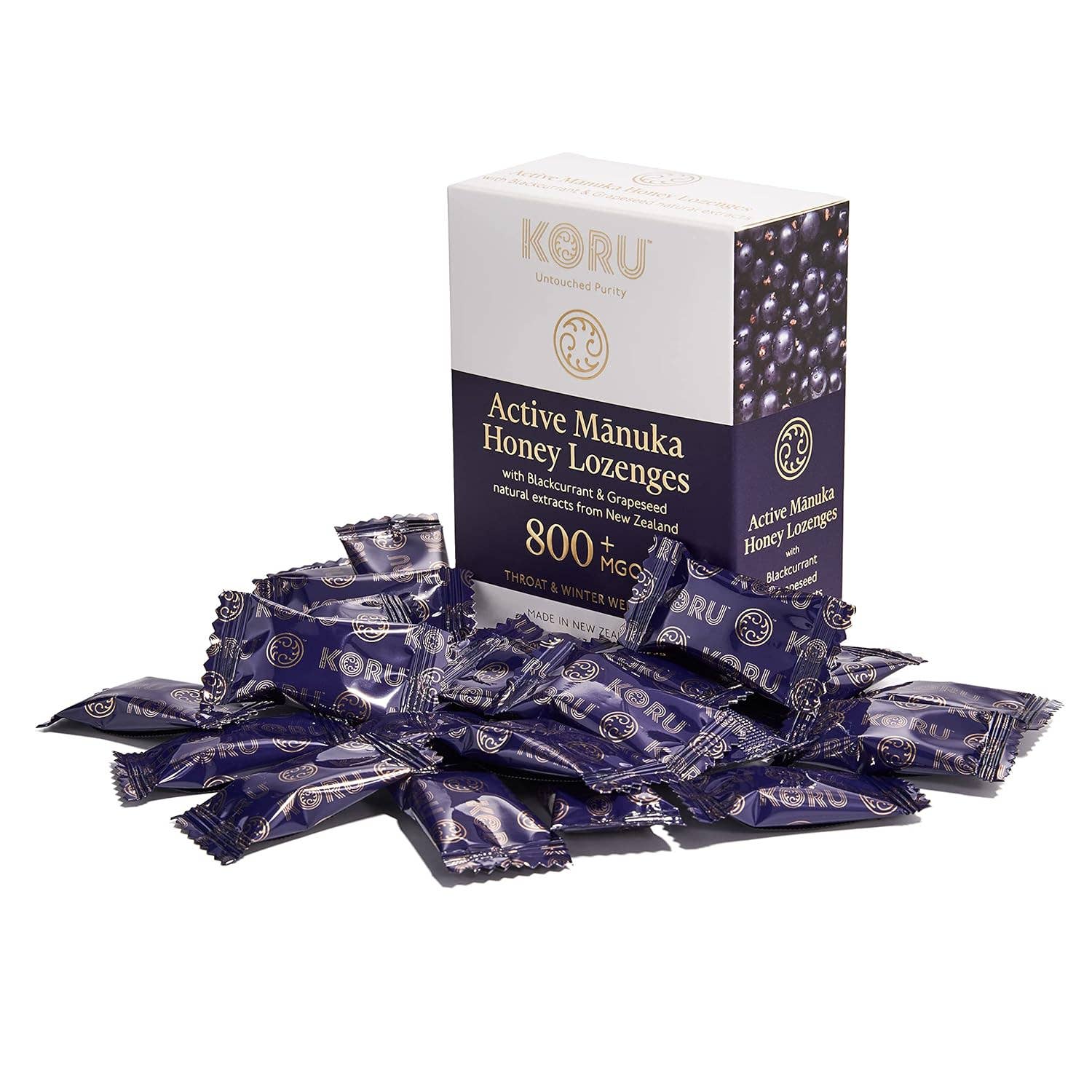 Koru – Großhandel Lutschtabletten/Hustenbonbons – KORU Manuka Honig Lutschpastillen mit Schwarze Johannisbeere & Traubenkernextrakten (MGO 800+)0