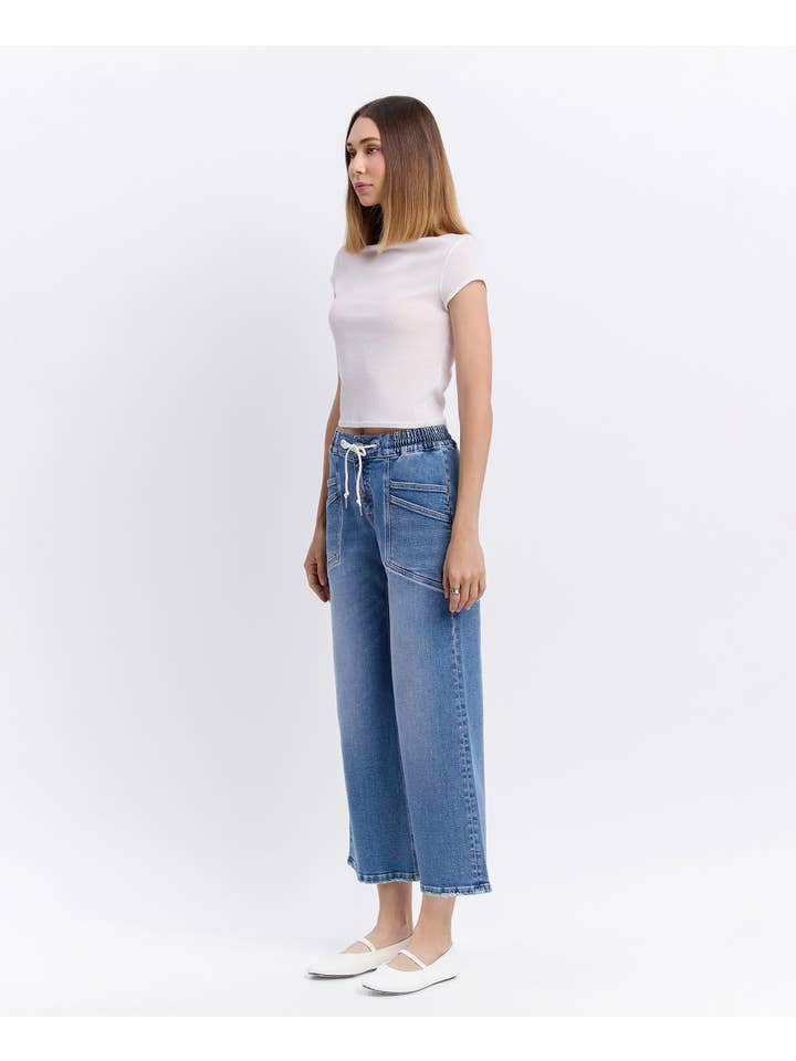 REASSURE HIGH RISE DRAWSTRING WAISTBAND WIDE LEG JEANS V3650 for wholesale on Faire8