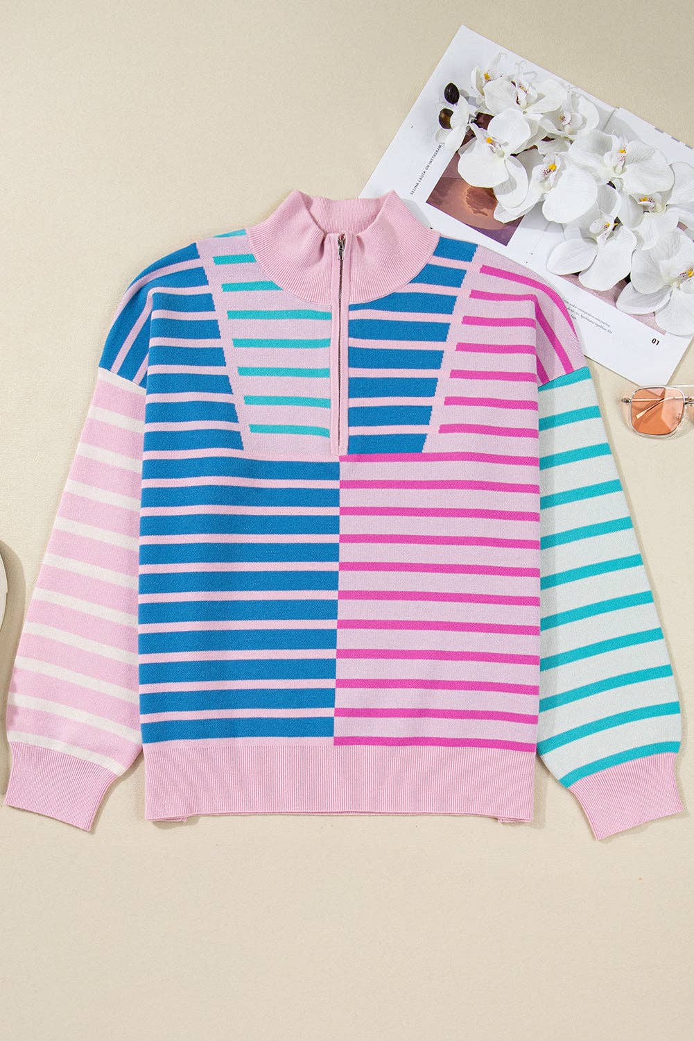 Hemelsblauwe streep Plus Size Gestreepte Colorblock Half Zip Trui voor groothandel op Faire5